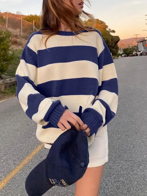 Striped pullovers women knitted retro academia sweater Y2K casual street loose long sleeve clothing