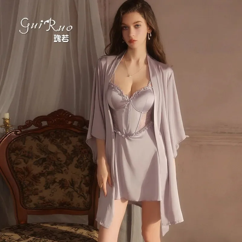 

Женский роскошный шелковый пижамный комплект, халат с длинными рукавами, удобная свободная юбка-комбинация, женские пижамы, комплект из двух предметов