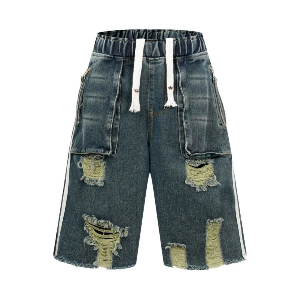 High Street Waste Soil Wind Blown Holes Denim Shorts Men's Washed and Worn Frayed Workwear Wide Leg Cropped Pants
