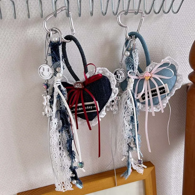 ins wind niche lace denim love car keychain bag pendant miu series couple woven lanyard bag hanging