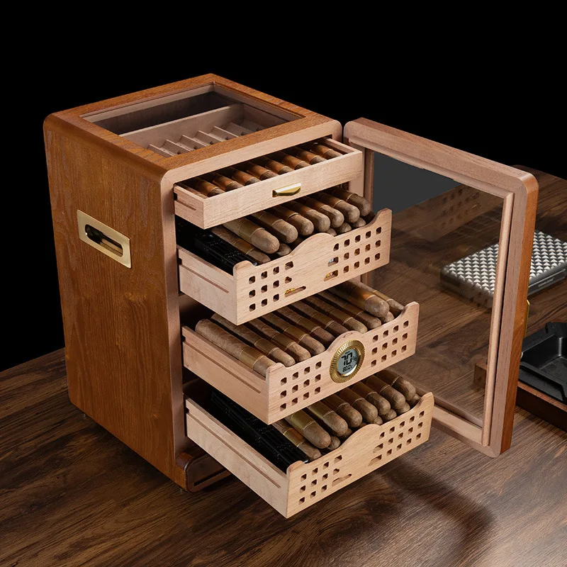 Four-Layer Large Capacity Cigar Box with Smoking Accessories Drawers Humidifier Cedar Wood Cigar Cabinet