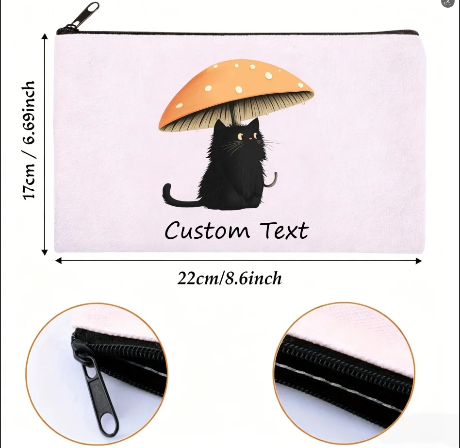 1PC Custom Text Black Cat With Mushroom Umbrella Cosmetic Bag Personalized Canvas Zipper Makeup Storage Pouch