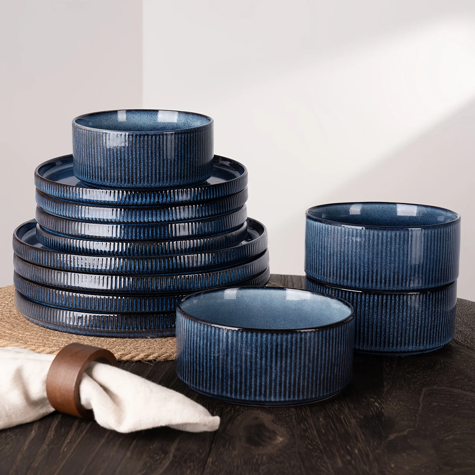 12pcs Stoneware Dinnerware Sets, Round Plates And Bowls Set for 4, Ribbed, Dishwasher And Microwave Safe, Nebulas Blue
