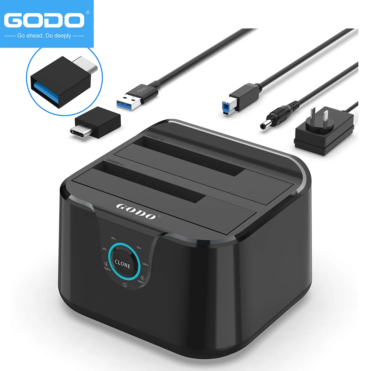 Док-станция для жестких дисков GODO на USB 2,5 Type C, док-станция для жестких дисков с двумя отсеками для SATA 3,5/дюймов, HDD/SSD с индикатором