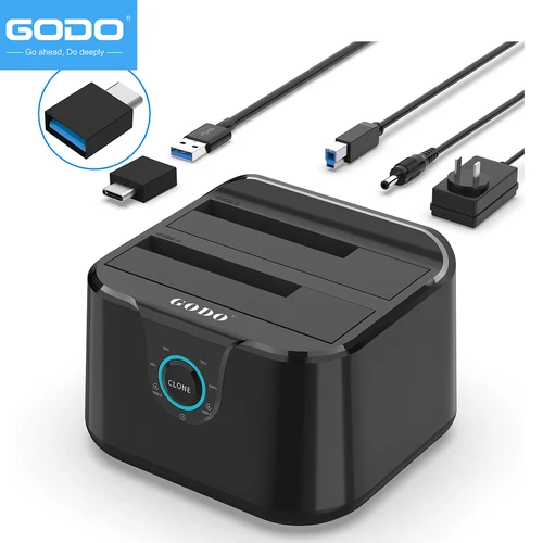Imagen 2 del producto Estación de acoplamiento de disco duro GODO a USB 3,0, base de disco duro de doble bahía para HDD/SSD SATA de 2,5/3,5 pulgadas con indicador LED