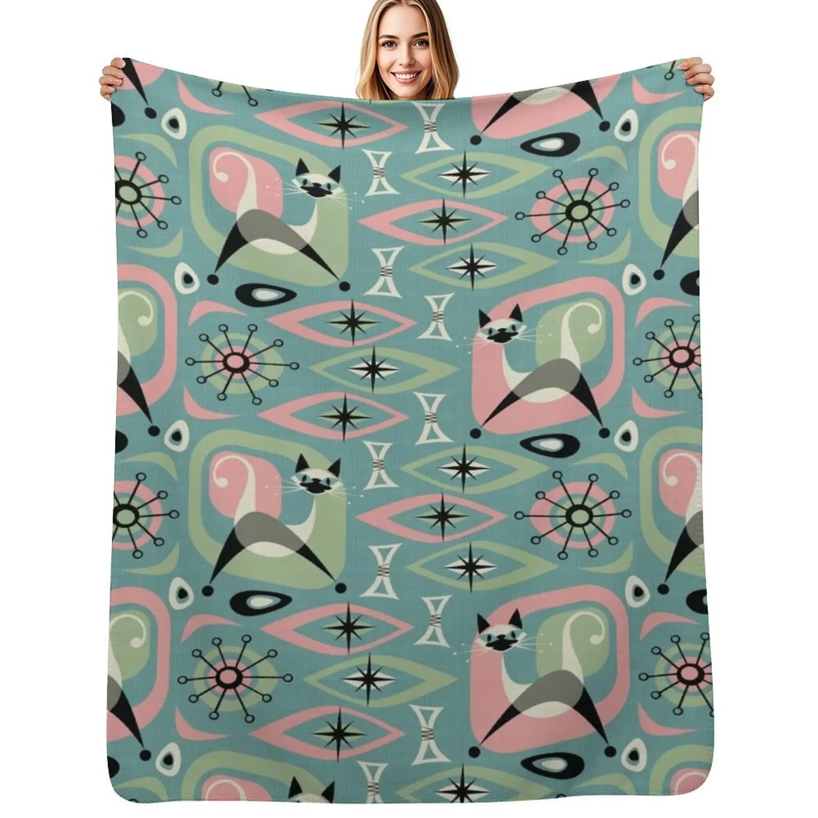 

Mid Century Siamese Cat Abstract on Blue Throw Blanket All Season Soft Lightweight Blanket for Home