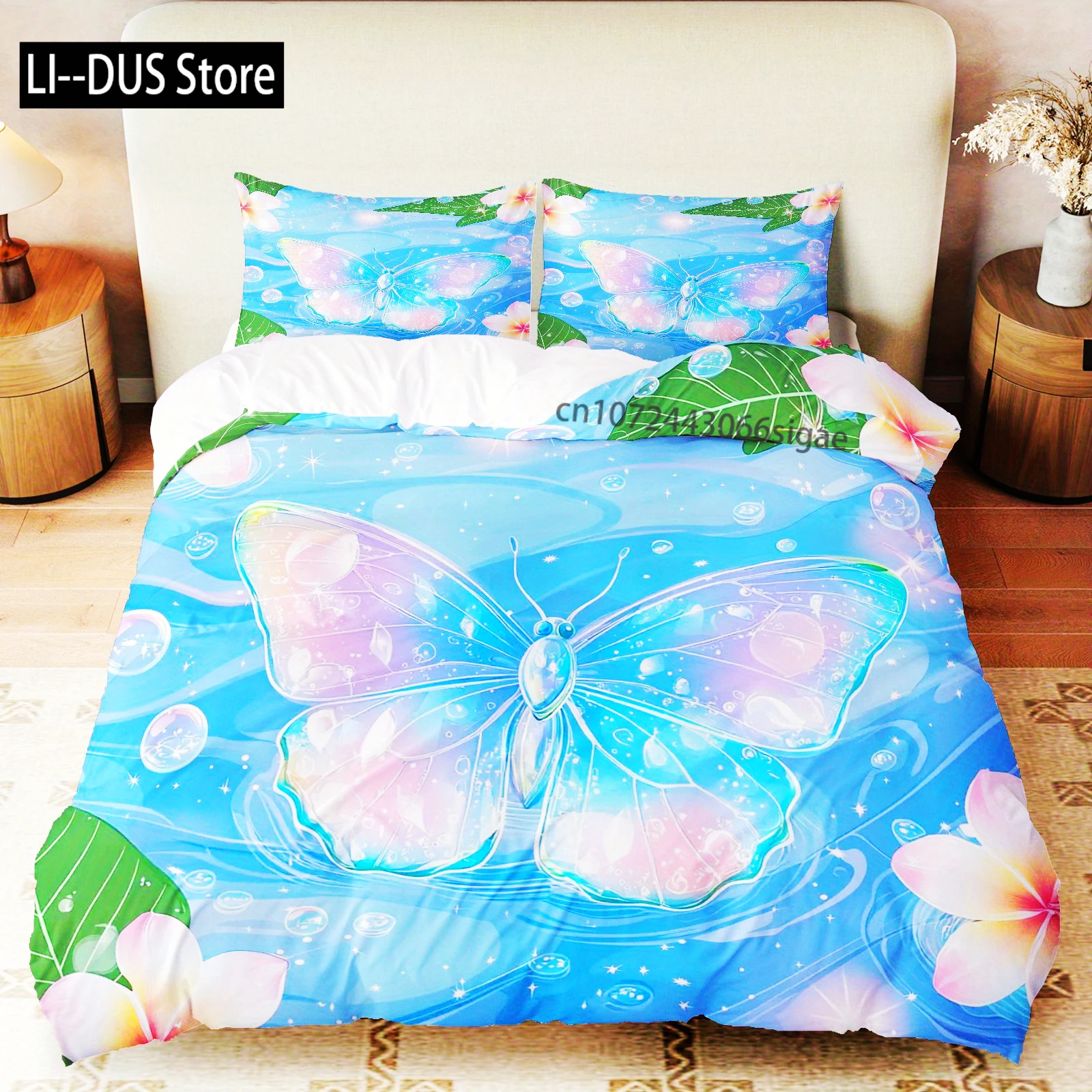 3pcs Duvet Cover Set Butterfly Tropical Flowers Bubbles Water Surface Stars Theme Bedding Set Suitable For Decoration Bedroom
