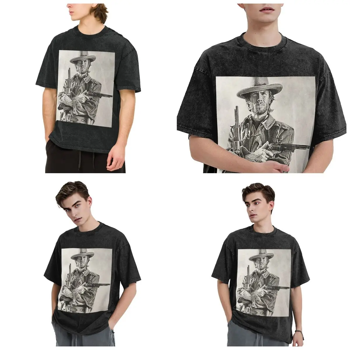 Streetwear T-Shirts Clint Eastwood Sketch Washed T Shirt Short Sleeve Hip Hop T-Shirt Tops Tees for Men Women