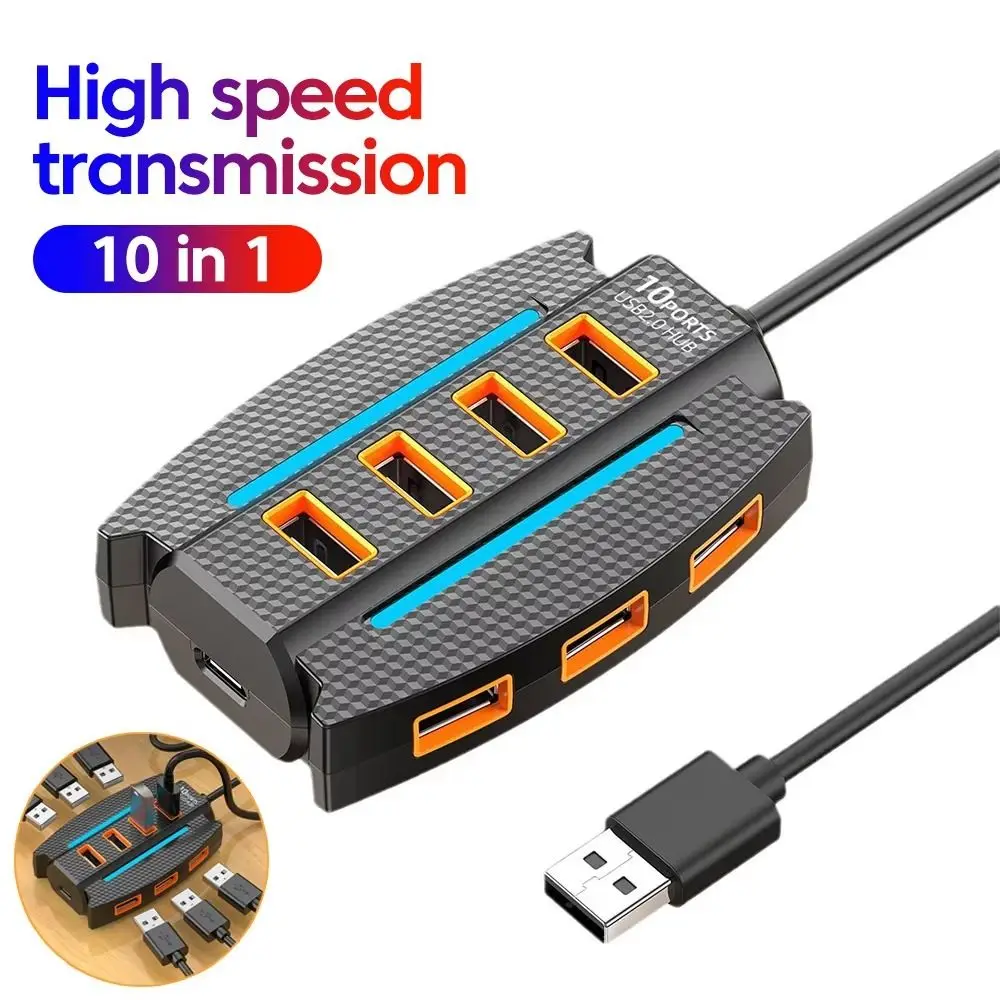RGB Backlight 10 Ports USB 2.0 Splitter USB Adapter Data Transfer 10 in 1 USB2.0 HUB Extend High Speed USB Port Expander