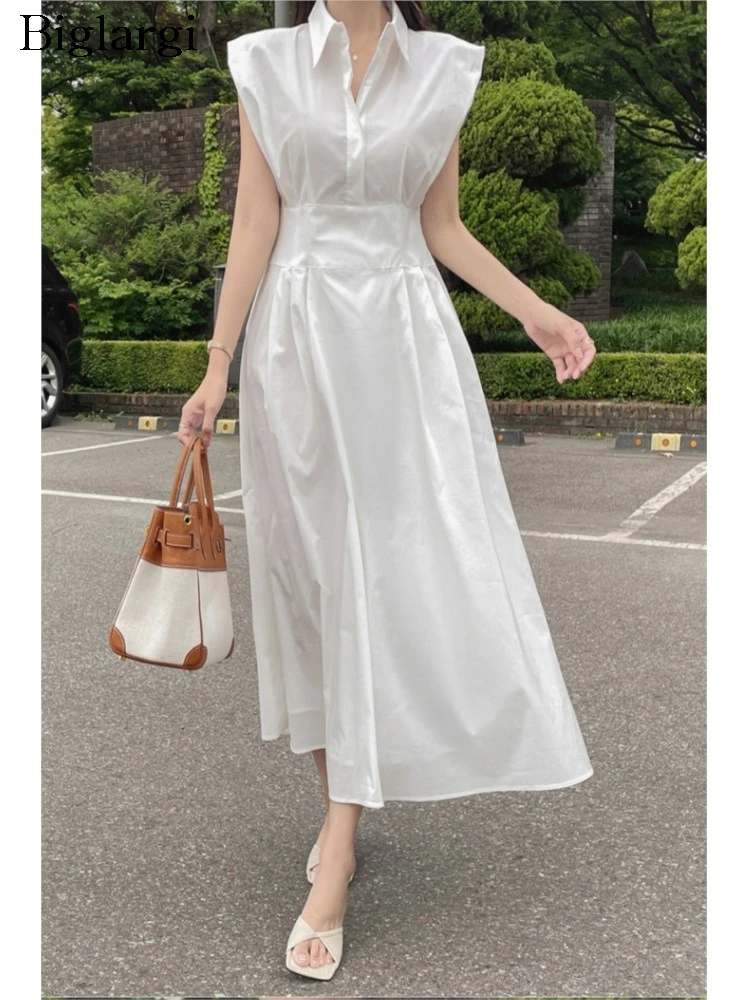 

Summer Sleeveless Dress Women Ruffle Pleated Korean Style Loose Ladies Dresses Fashion Slim High Waist Woman Long Dress