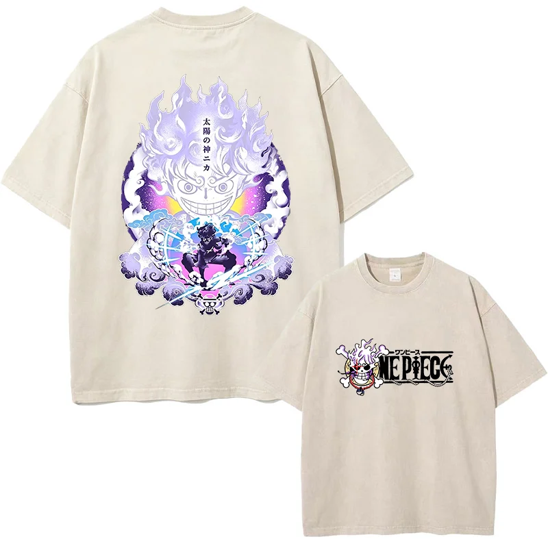 One Piece Sun God Nika Shape Luffy T-shirt Retro Washed Street Anime Pattern Neutral Summer Top 2026