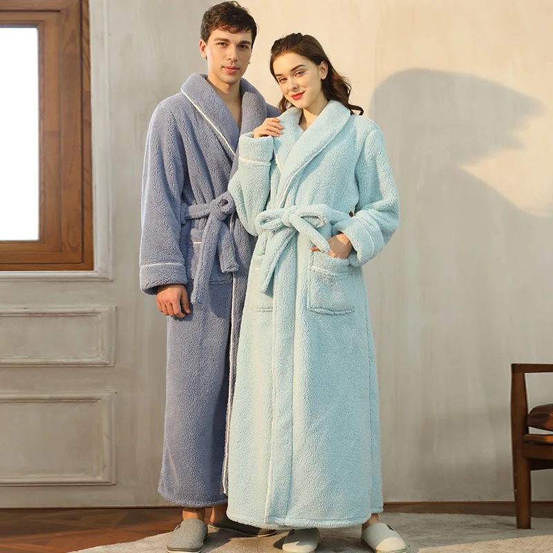 Women Men Casual Sleepwear Bathrobe Couple Flannel Velvet Nightwear Long Sleeve Thick Warm Home Clothes Long Style Lounge Wear