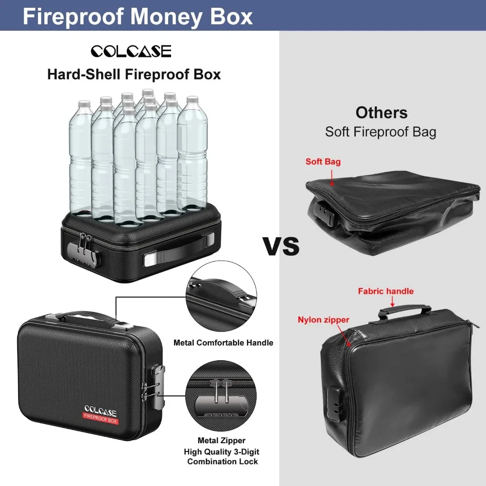ロック付き耐火貯金箱、ハードシェルデザイン耐火防水ポータブル金庫、現金、パスポート、貴重品用