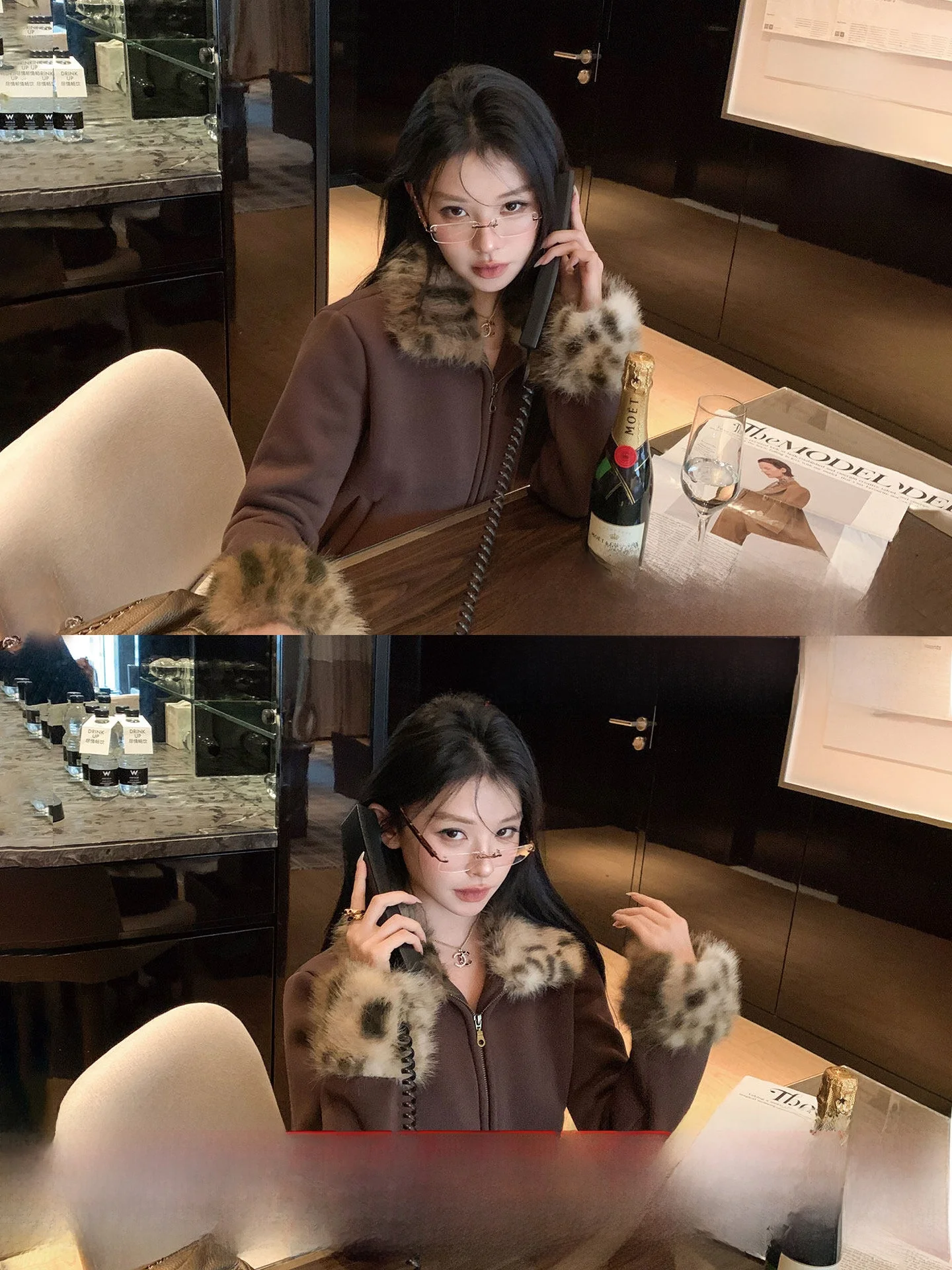 

Okaaay Wild Muse Leopard Print Fur Collar Patchwork Jaet Women's Autumn Winter Slimming American Retro Sle Casual Coat