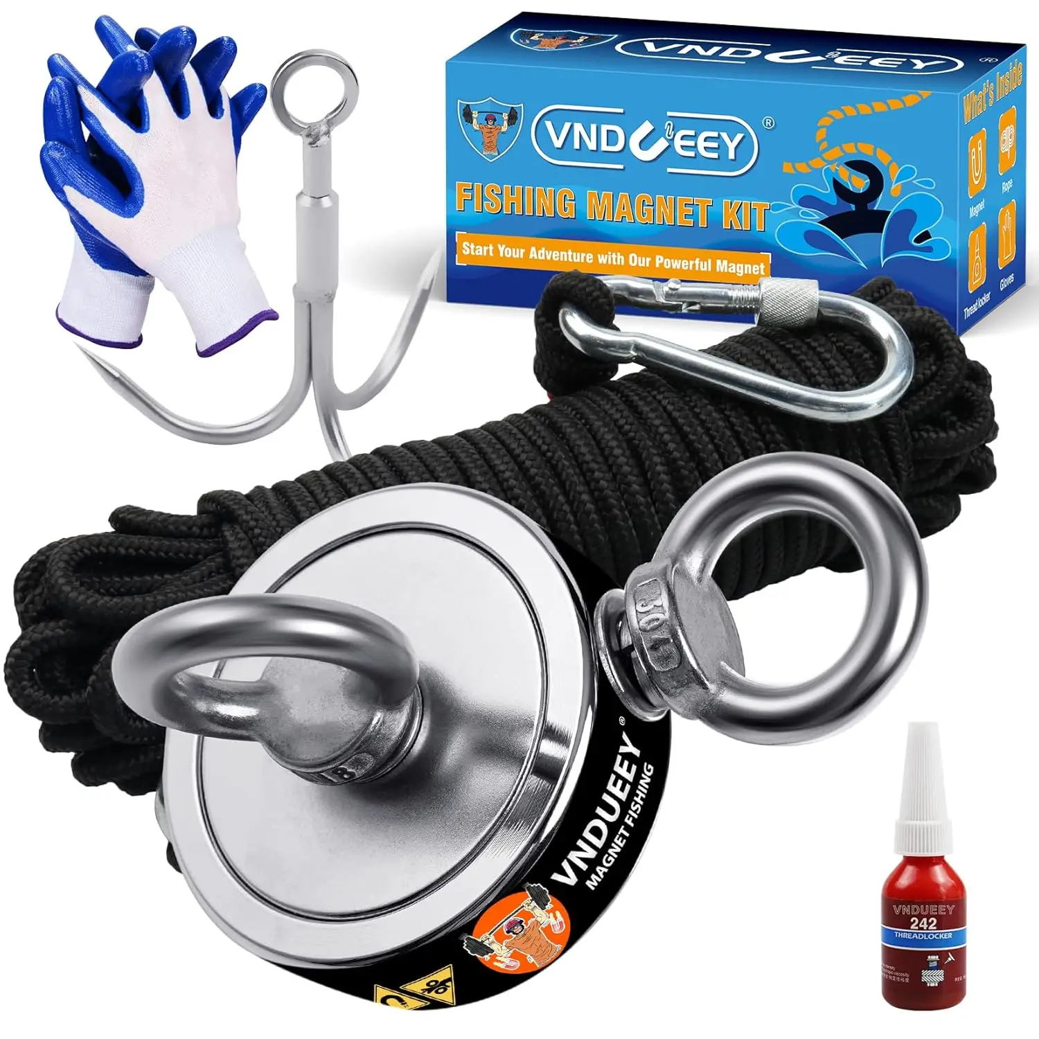 

760 LBS Magnet Fishing Kit with Grappling Hook, 65FT Rope, Gloves & Carabiner - 2.36inch Diameter