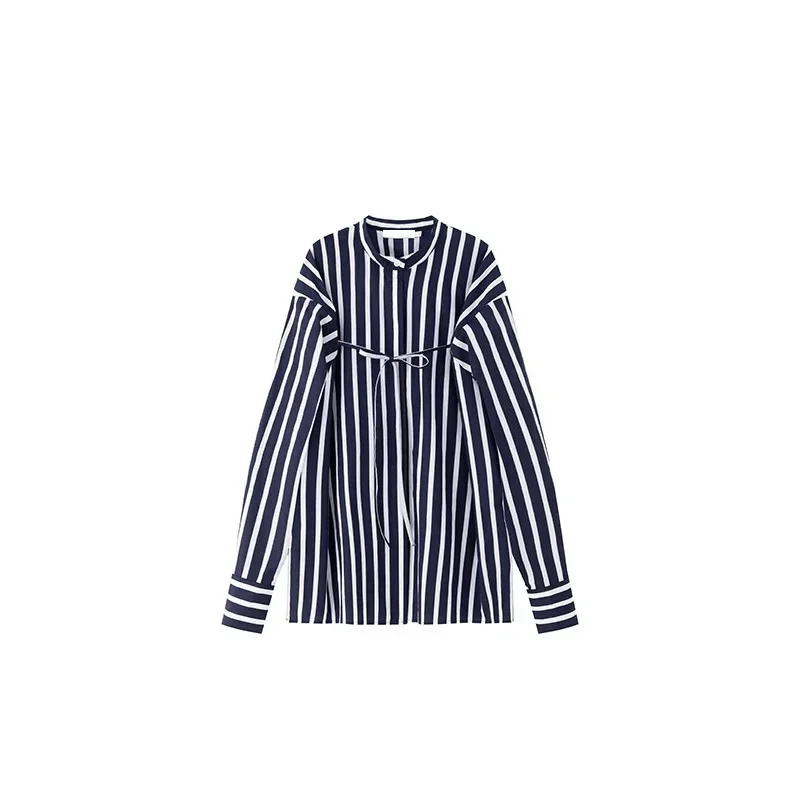 VC-Women\'s Long Sleeved Striped Shirt, Thin Ribbon, Round Neck, Casual, Loose, Spring, Summer, New, 2024