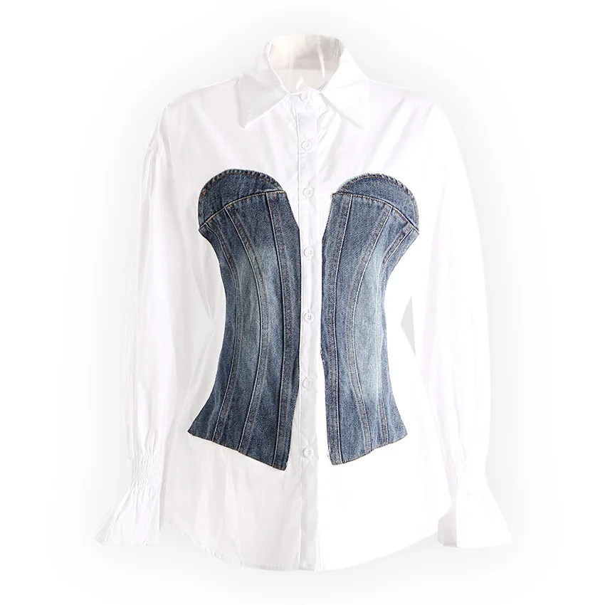 

Niche Women's Slimming Shirt for Spring Denim with Contrasting Color Splicing Shirt Waist Slimming Visual Effect