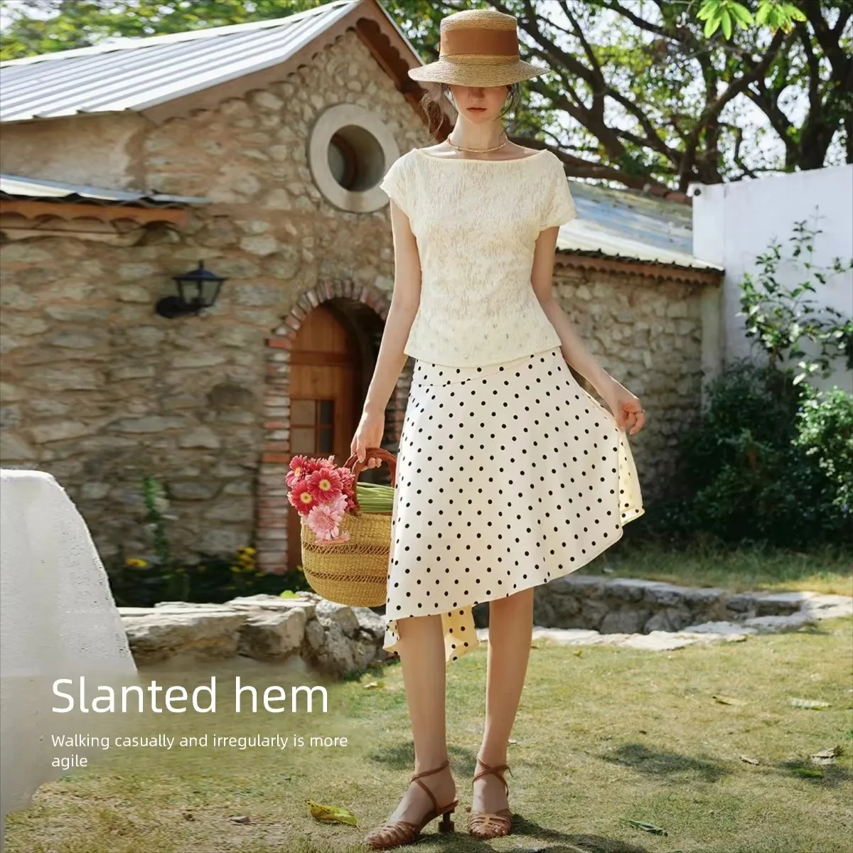 OLrain  Women French Polka Dot Irregular Hem Skirt Summer 2026 New High Waist A-line Elegant Casual Mid Length Skirt O58XB005683
