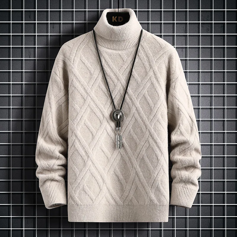 High Neck Thickened Warm Sweater/ High Quality Men\'s Winter Solid Color Slim Casual Solid Color Diamond Check Knitted Pullover