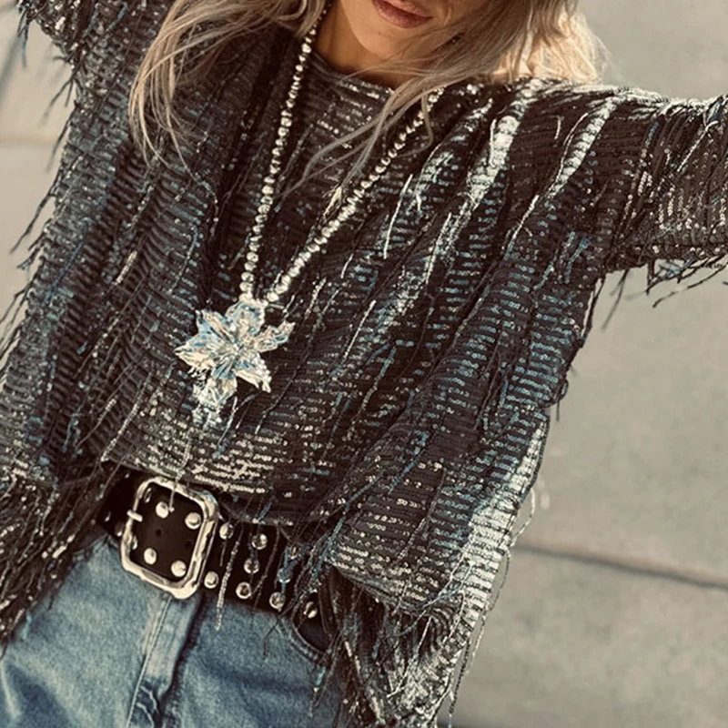 Casual Streetwear สีทึบพู่เสื้อ Elegant Vintage ฤดูใบไม้ร่วงหลวม Top เซ็กซี่ผู้หญิง O คอยาวแขนยาวเสื้อยืด