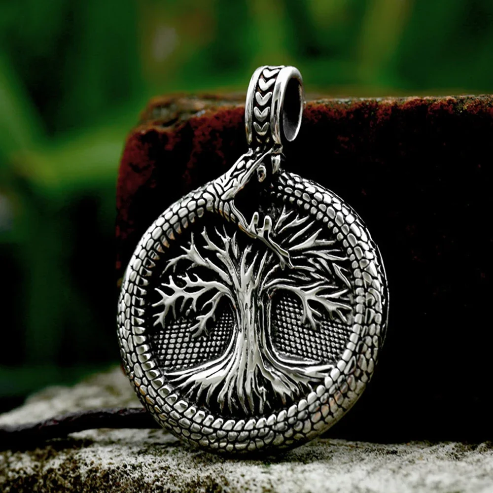 Nordic Yggdrasil Viking Tree of Life Pendant Necklace Stainless Steel Vintage Ouroboros Necklace Men Scandinavian Amulet Jewelry