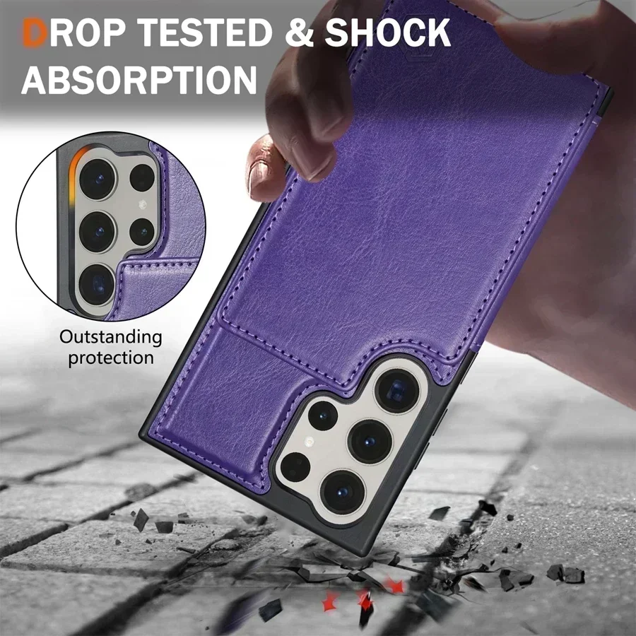 กระเป๋าสตางค์สีทึบแม่เหล็กหัวเข็มขัดคู่ RFID Blocking Card สําหรับ Samsung Galaxy S24 Ultra S23 FE S22 PLUS S21 s20