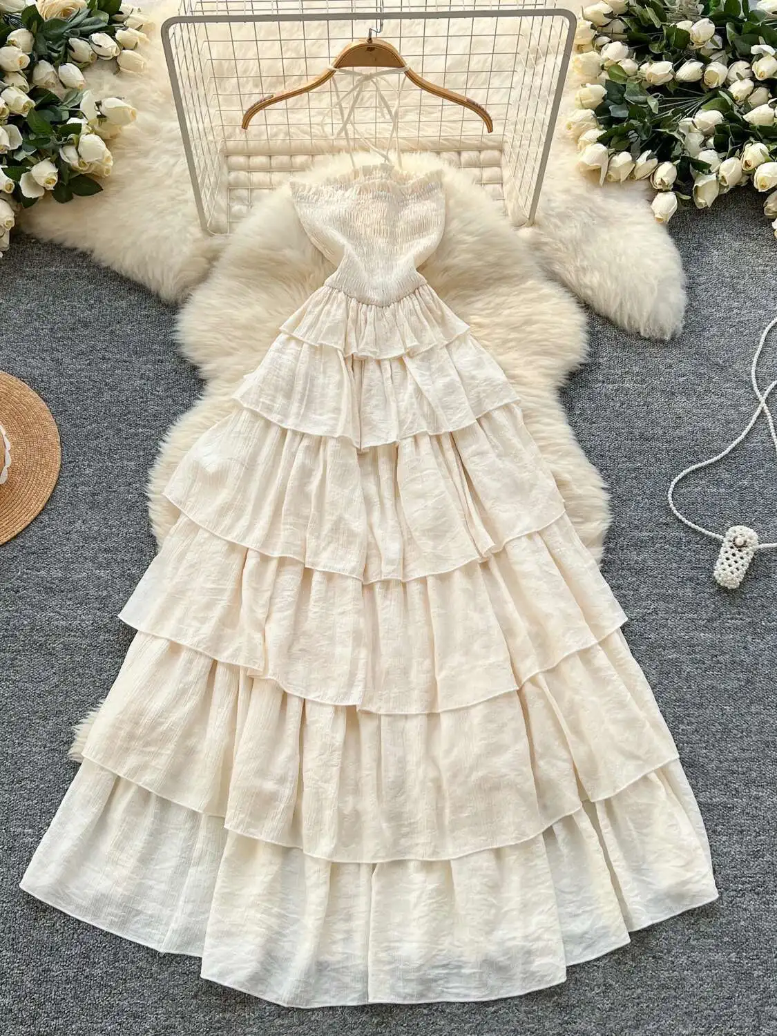 Francês sexy vestido de praia feminino verão pendurado pescoço em camadas vestidos longos senhoras fora do ombro magro a linha sem costas longo robe