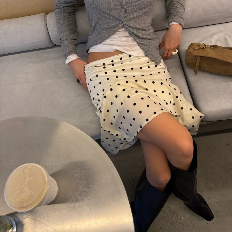 2505 Women's  Polka Dot Soft Long Stain Skirts Casual Chic Streetwear New High Waisted Street Skirt A-line  White Vintage