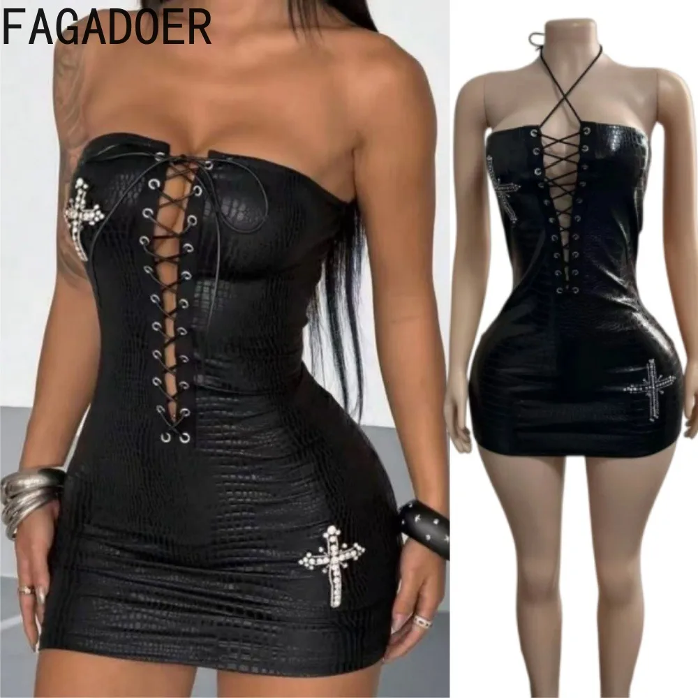 FAGADOER Black Tube Dress PU Leather Mini Y2k Gothic Cross Pattern Diamond Patchwork Lace-up Sexy Bodycon Dress Steetwear New