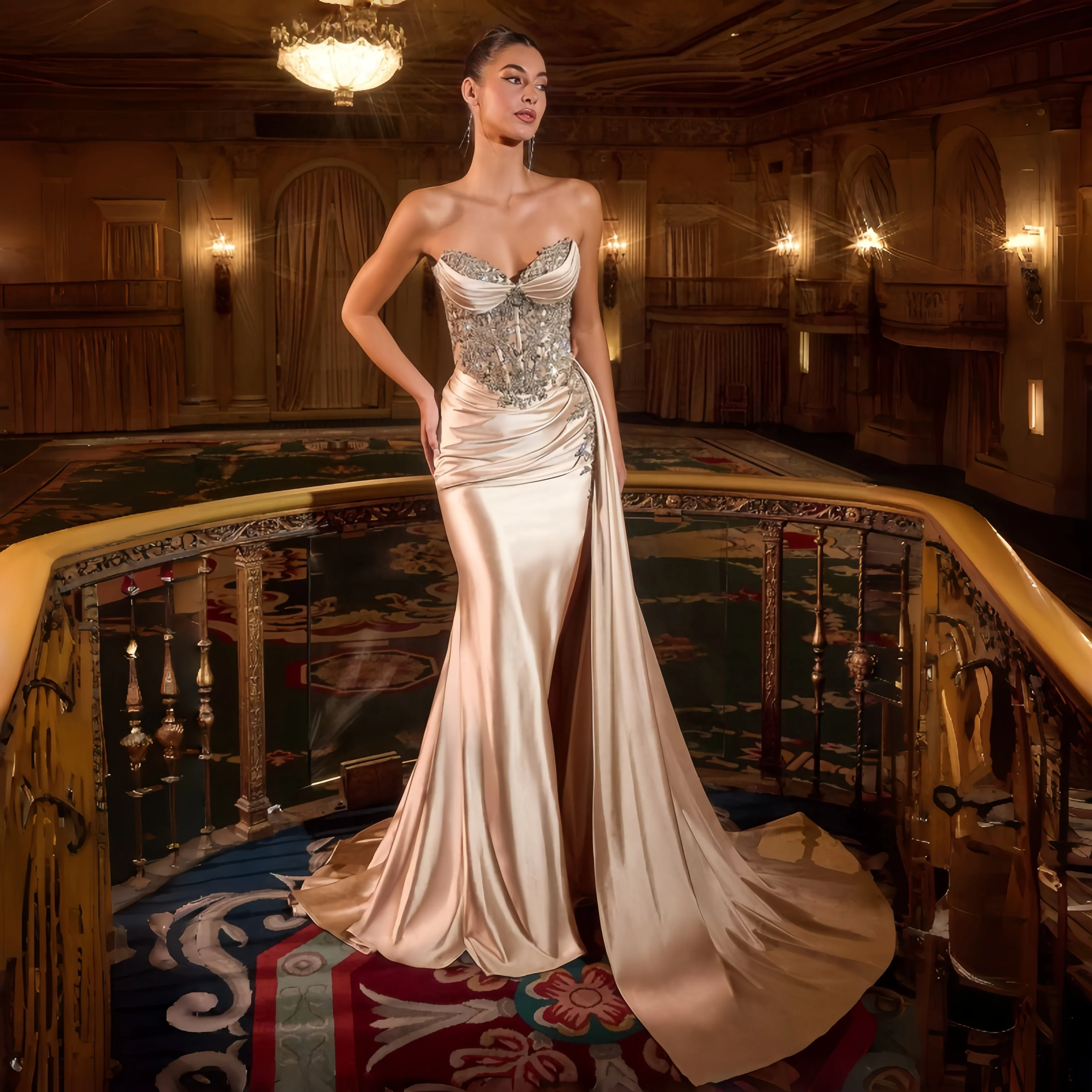 

Prom Dresses 2026 Luxury Customized Dubai Sequin Off Shoulder Side High Split Champagne Colored Formal Dress With Train