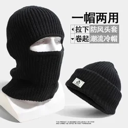 Winter 2 in1 Mask Beanies Hats Warm Knitted Balaclava Hats Windproof Solid Full Face Ski Bonnet Tactical Cycling Earmuffs Cap