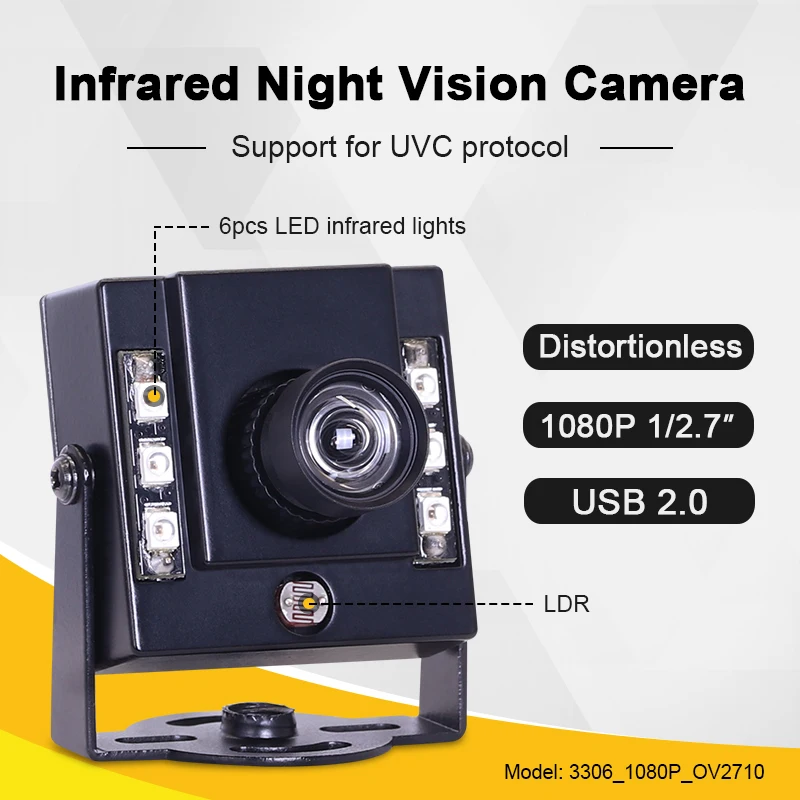3306 1080P OV2710 4mm 75degrees IR850 Distortionless USB Infrared Night Vision Mini Camera for Optical Character Recognition