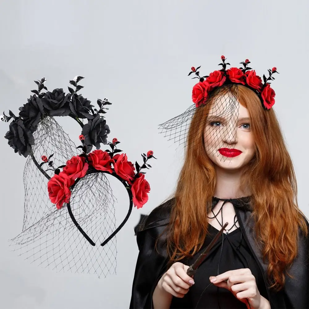 

С вуалью, повязка на голову с цветком розы на Хэллоуин, праздничная вечеринка, готический костюм для косплея, головной убор, обруч для волос Марди Гра для женщин