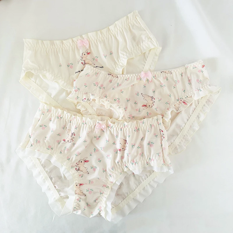 Cute Cartoon Print Panties for Women Lolita Cotton Briefs Bow Ruffle Trim Soft Breathable Floral Underwear Sweet Girl Pastoral