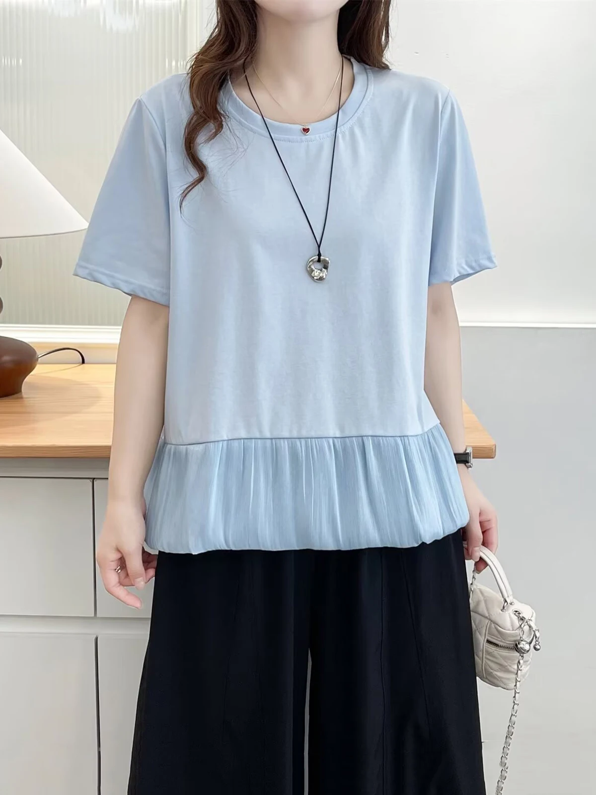Summer New plus Size Women's T-irt Casual round Ne ort Sve Belly Covering Flower Bud Print Loose Fit Cotton Top