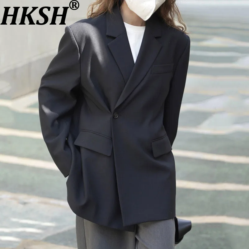 

HKSH Spring Autumn New Women Blazer Notched Collar Pockets Back Split Slimming Elegant Chic Jacket Office Lady Tide Coat HK13602