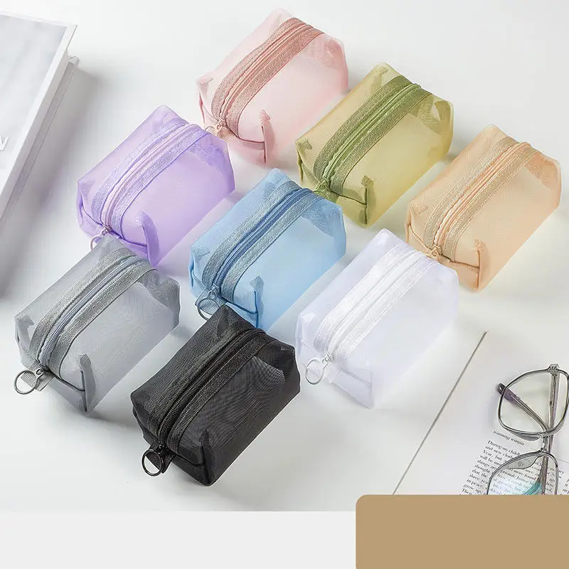 Mini Clear Nylon Mesh Cosmetic Bags Cute Women Small Lipstick Makeup Bags Pouch Data Line Key Earphone Organizer Case