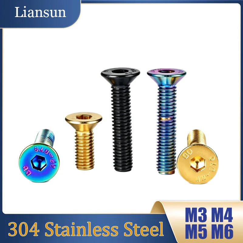 304 Stainless Steel Countersunk Head Hexagon Socket Screws M3 M4 M5 M6 PVD Vacuum Plated Flat Head Motorcycle Modification Bolts
