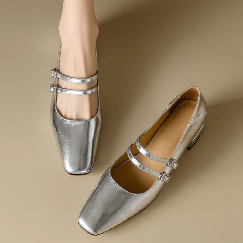 

Women's Shoes Fashion Square Toe Design Mary Janes High Quality Leather High Heel Single Shoes Elegant French Style Ballet Shoes