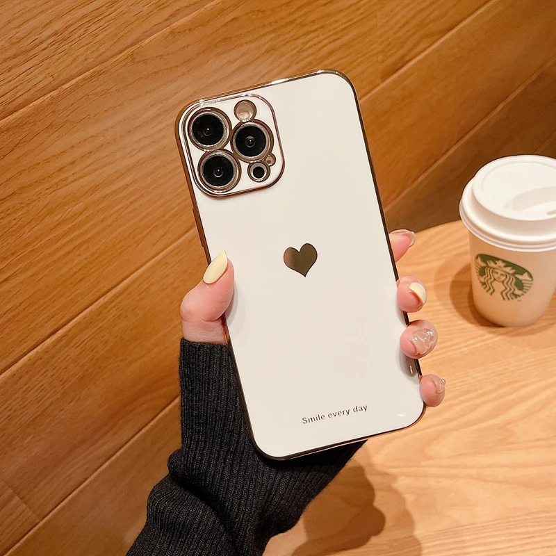 Soft Love Heart Electroplated Case For iPhone 11 12 13 14 15 Pro Max XS Max X XR 7 8 Plus SE 2020 Mini Shockproof Silicone Cover