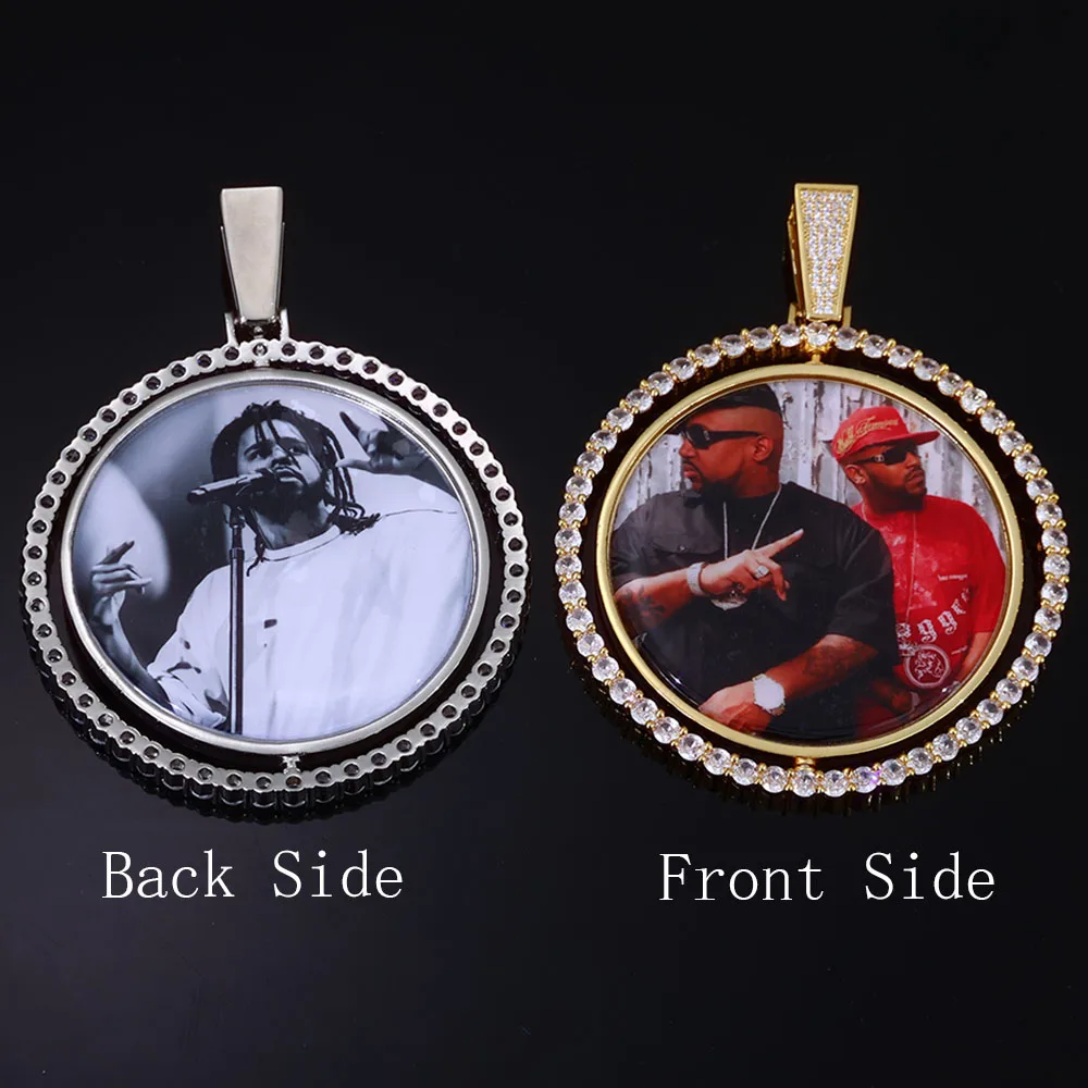 HHIOK Custom Double Side Circle Photo Necklace Chain Personalized Cubic Zirconia Big Picture Pendant Hip Hop Jewelry Gift Men - view 3