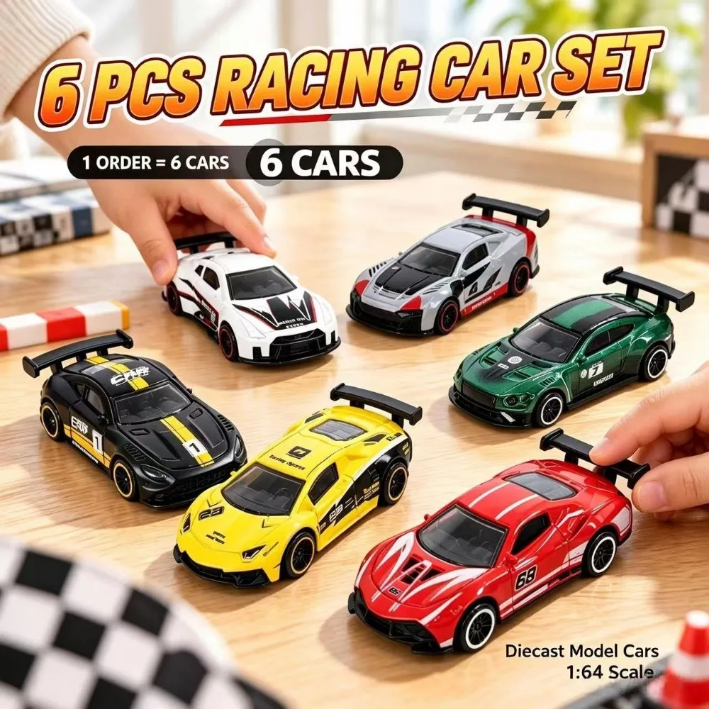 6PCS 1:64 Pocket Mini Diecast Racing Car Toy Set, Inertia Slide Sport Model Car, Static Display Collection, Bag Packed,