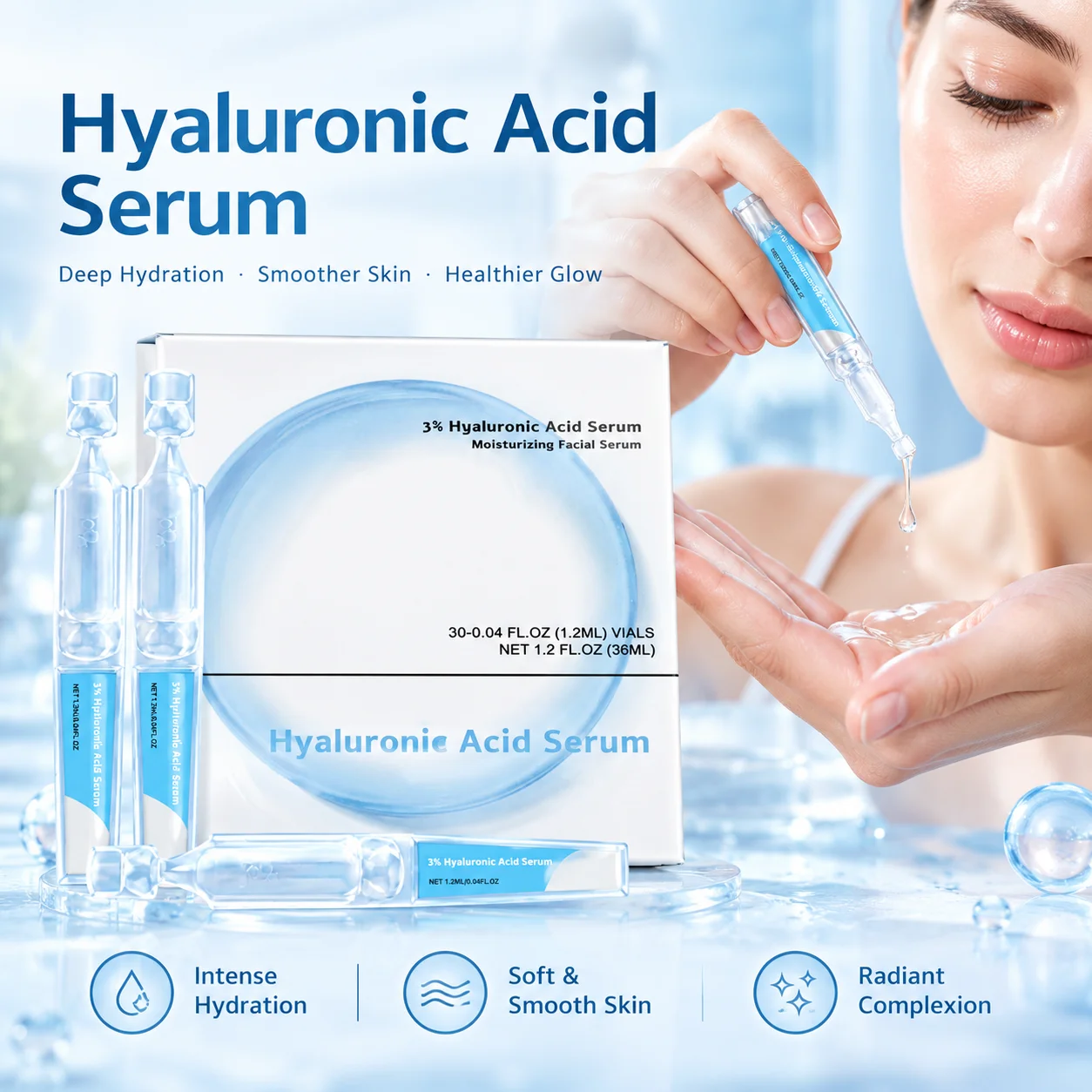 3%Hyaluronic Acid & Collagen Serum Ampoules 30vials,Deep Hydration Plumping Skin Boost Skin Radiance Appearance Hyaluron Booster
