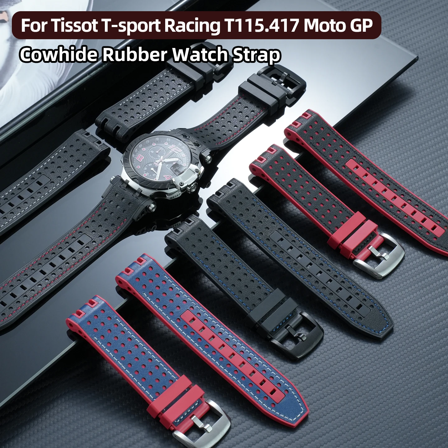 For Tissot T-sport Racing T115.417 Moto GP Cowhide Rubber Watch Strap T115417 Men Sport Series watch band T115 Male Bracelet