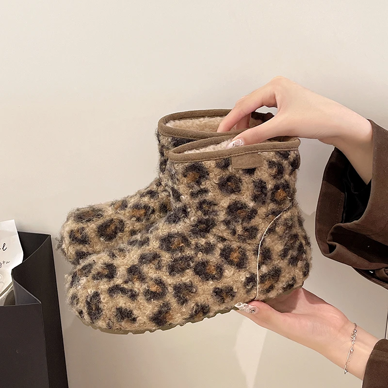 Plush Luxury Design Indoor Outdoor Fuzzy Fur Snow Booties Leopard Winter Ankle Boots Female Fluffy Casual Plarform Women's Shoes