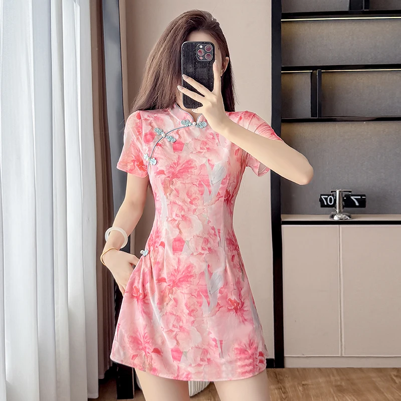 

New Chinese Style Floral Print Qipao Set Elegant Collar & Frog Button Shorts Two-Pieces Sweet Daily Outfit Pink Suit