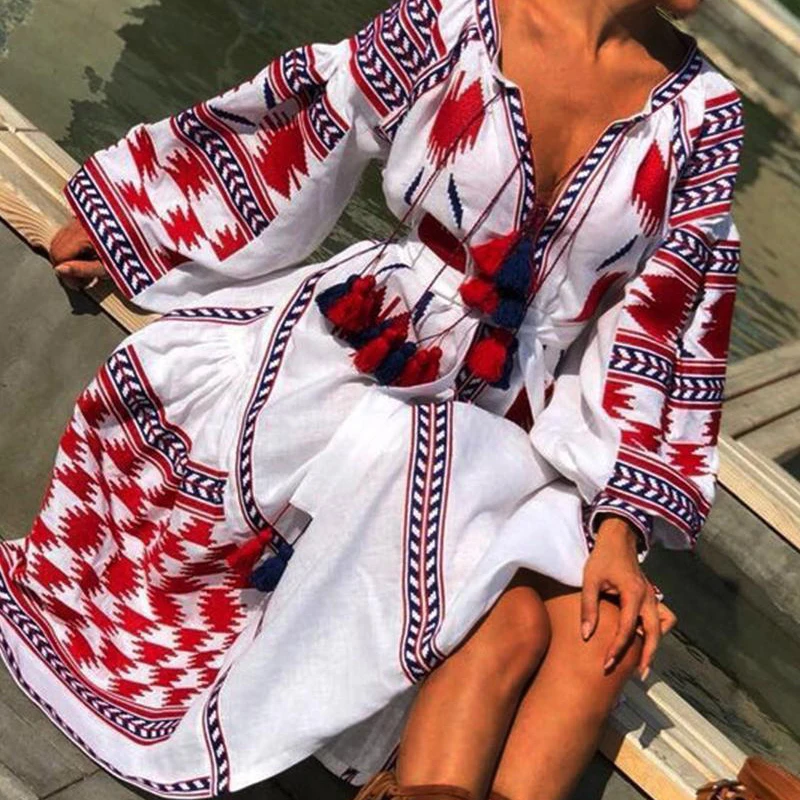 Women Vintage V Neck Tassel Party Long Dress Casual Floral Print Female Dresses Loose Three Quarter Puff Sleeve Dresses Vestidos