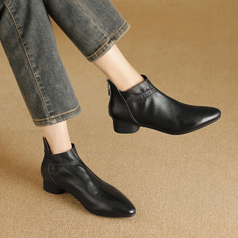 NEW Autumn Women Boots Genuine Leather Shoes for Women Round Toe Chunky Heel Shoes Casual Zipper Short Boots Concise Ankle Boots