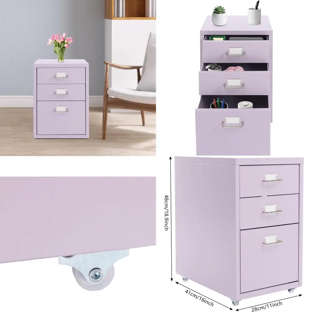 

Purple 3-Drawer Mobile Metal Filing Cabinet with Wheels for Home and Office Storage