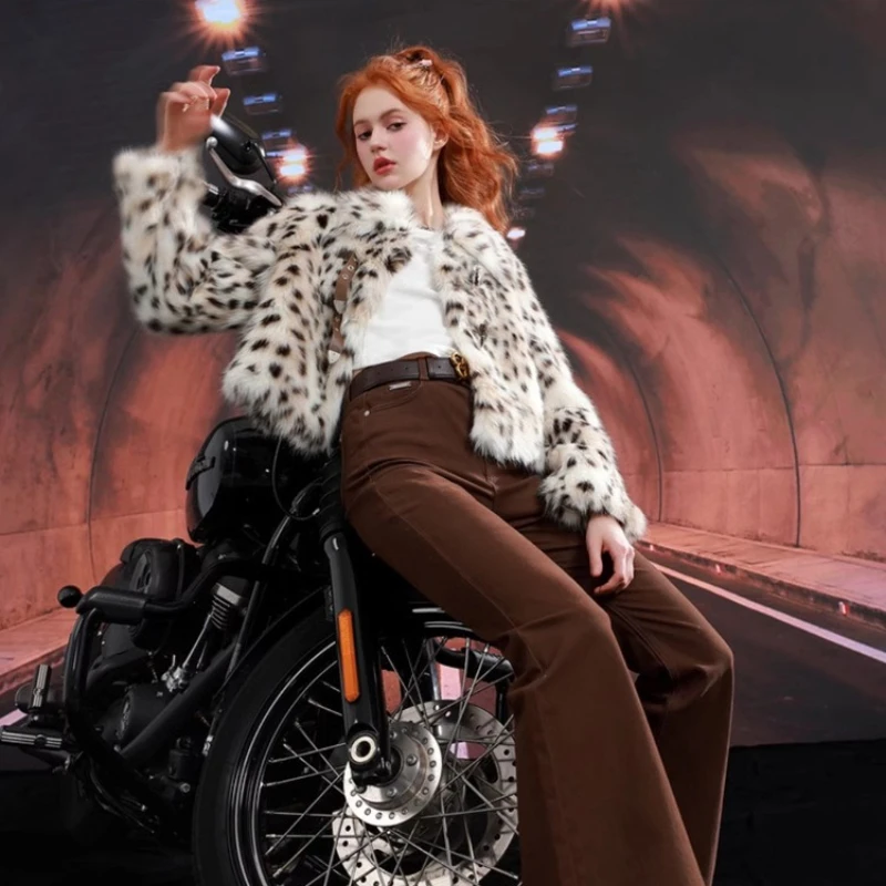 Women's Fur Coat  Coat  Lapel  Warm  Fur Coat  European and American  Casual  Leopard  Short  Locomotive Clothing  Comfortable